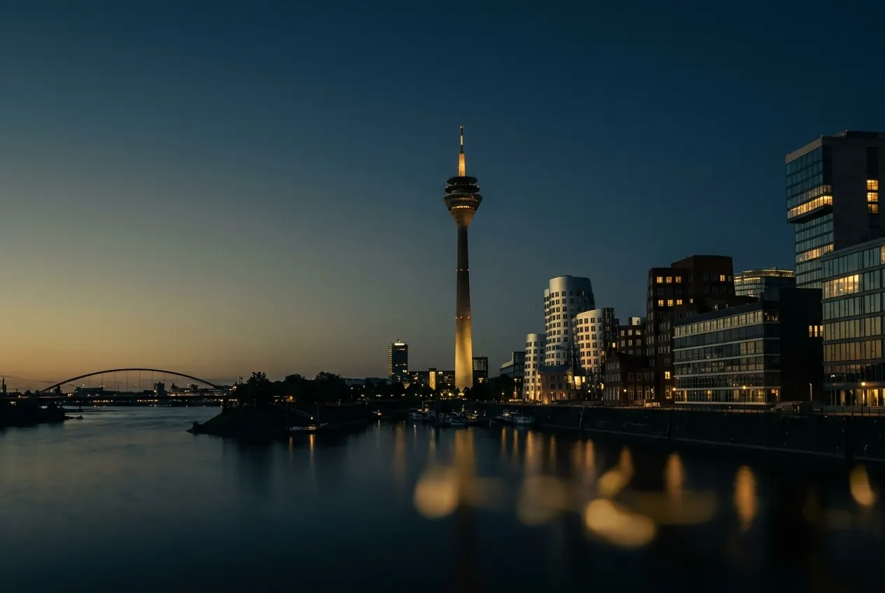 Düsseldorfer Skyline bei tiefer Dämmerung