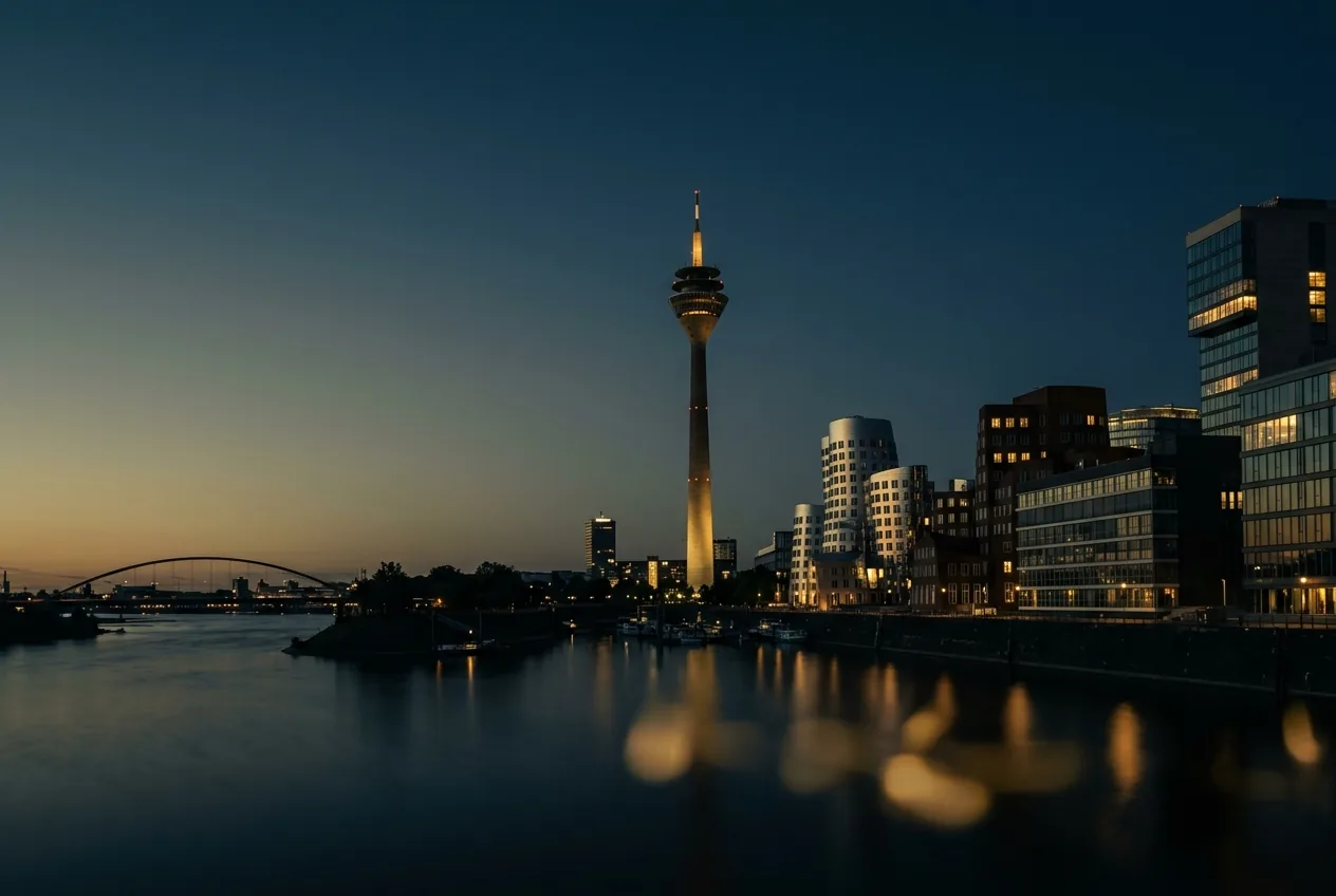 Düsseldorfer Skyline bei tiefer Dämmerung