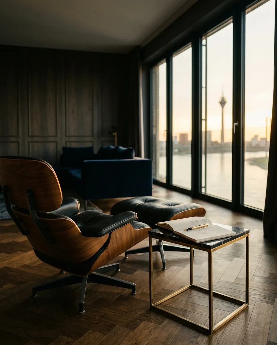 Editorial-Innenraum eines Düsseldorfer Premium-Apartments im Goldlicht