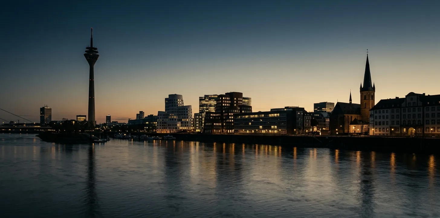 Düsseldorfer Skyline mit Rheinturm und Medienhafen bei Dämmerung