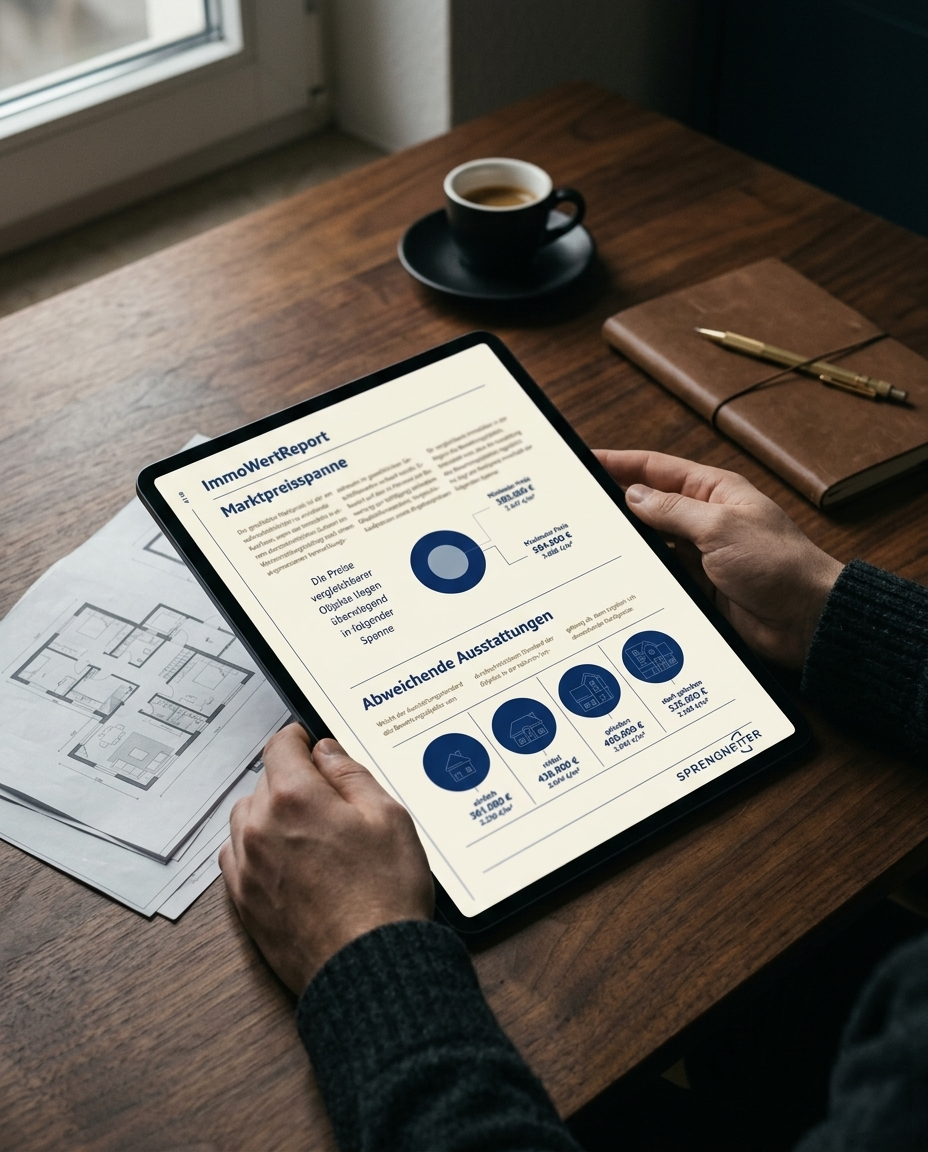 Marktwertanalyse einer Düsseldorfer Immobilie auf dem Tablet — editorial dargestellt mit Espresso, Lederbuch und Architekturplänen.