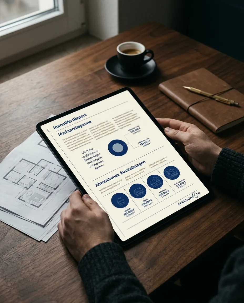 Marktwertanalyse einer Düsseldorfer Immobilie auf dem Tablet — editorial dargestellt mit Espresso, Lederbuch und Architekturplänen.