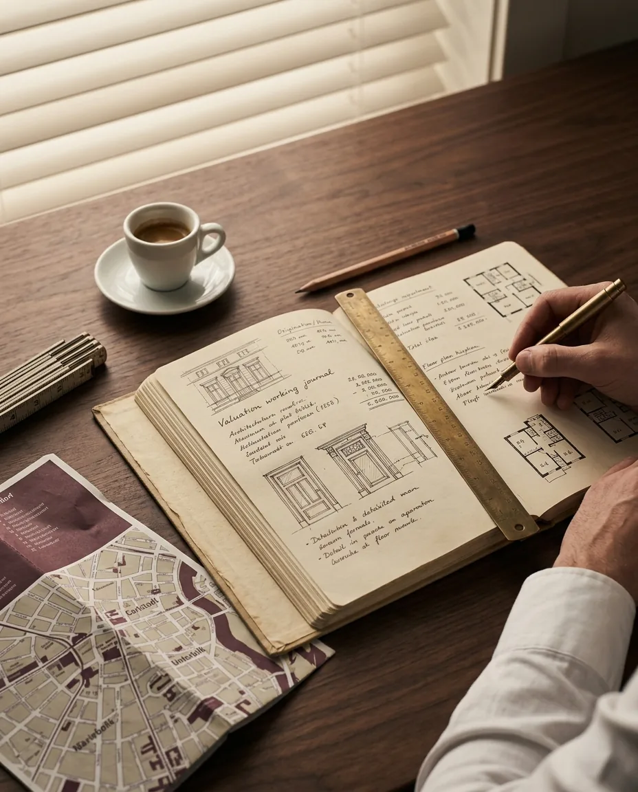 Hand mit Goldfüller schreibt Notizen in ein Bewertungs-Journal mit Architektur-Skizzen und Grundrissen, daneben Espresso und Düsseldorfer Stadtteil-Karte.