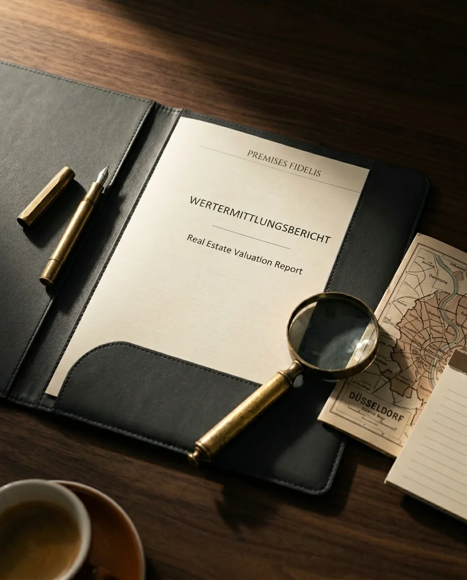 Premises-Fidelis-Wertermittlungsbericht in Lederdokumentenmappe mit Goldfüller, Lupe und Stadtteil-Karte auf Walnussschreibtisch.