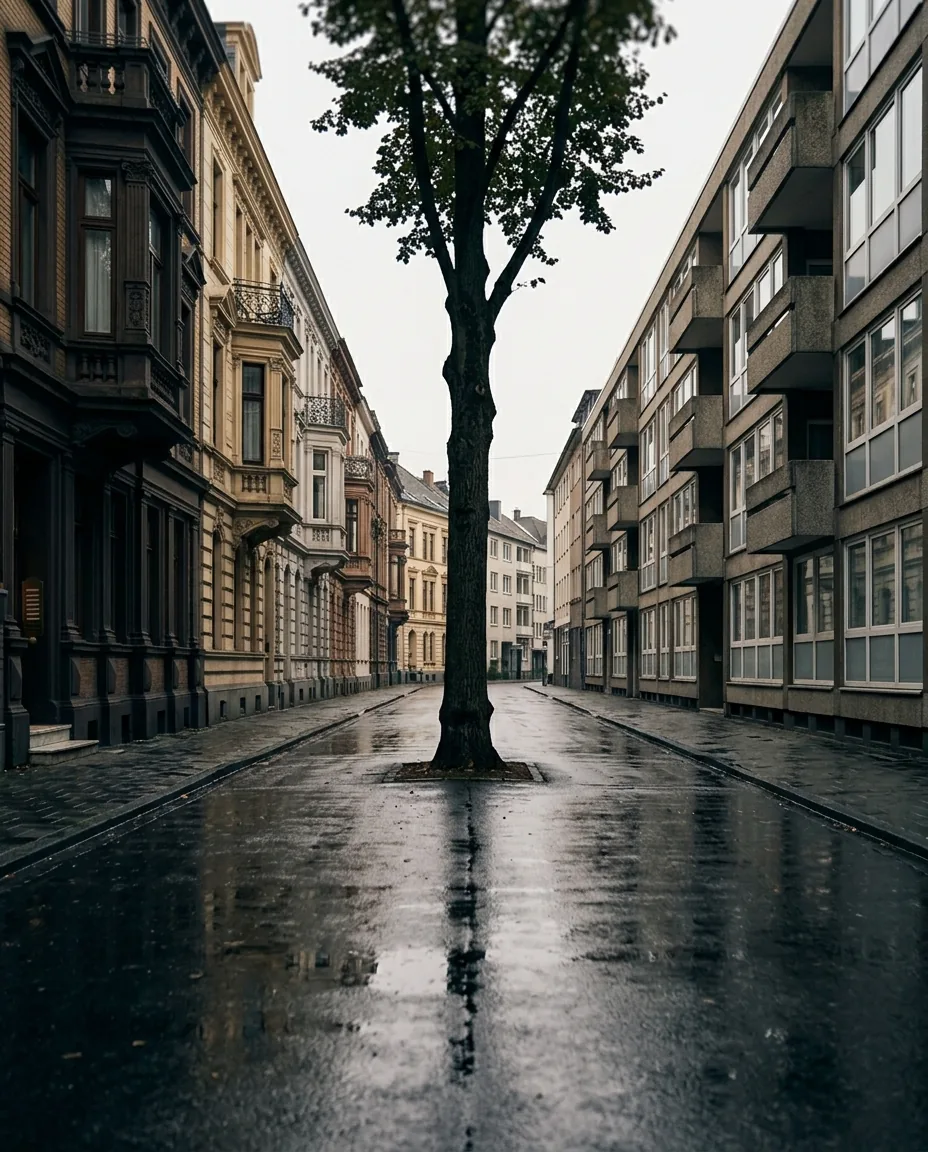 Düsseldorfer Quartiers-Detail — Stuck-Fassaden im Kontrast zu Nachkriegsbau, nasse Straße, Spiegelungen im Gehweg.