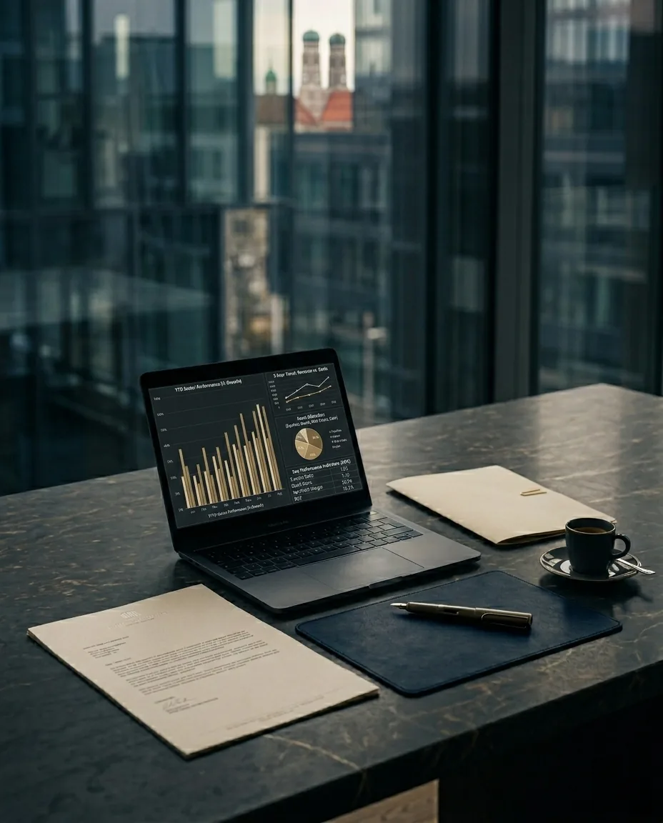 Banker-Schreibtisch mit Frankfurt-Skyline im Hintergrund — Laptop mit Charts, klassische grüne Banker-Lampe und Taschenrechner.