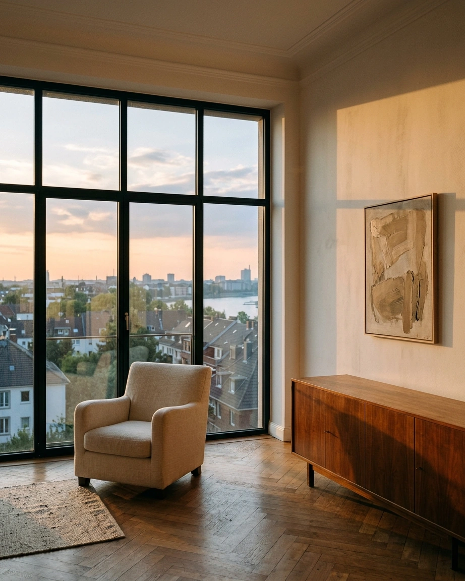 Premium-Apartment in Düsseldorf bei Abendlicht — symbolisch für ein Objekt, das mehrere Käufer ernsthaft anzieht und ein strukturiertes Bieterverfahren rechtfertigt.
