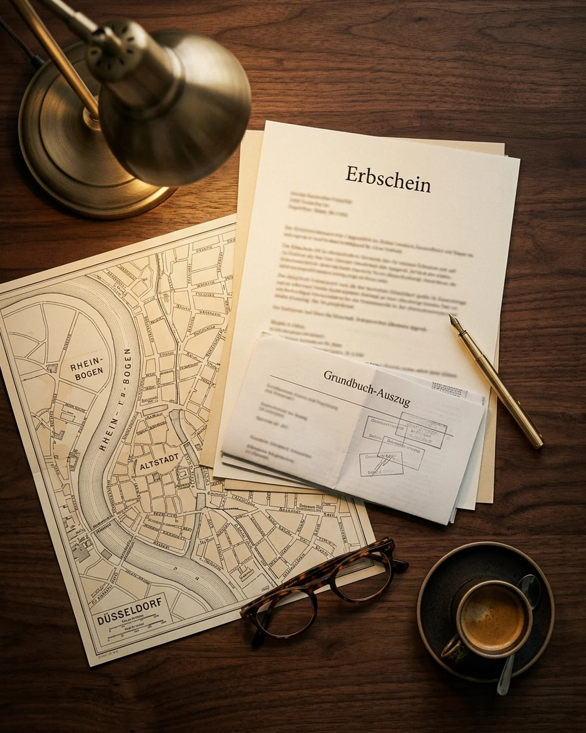 Schreibtisch mit Erbschein-Dokumenten, Grundbuch-Auszug und Stadtkarte Düsseldorf — symbolisch für die methodische Vorbereitung der Vermarktung.
