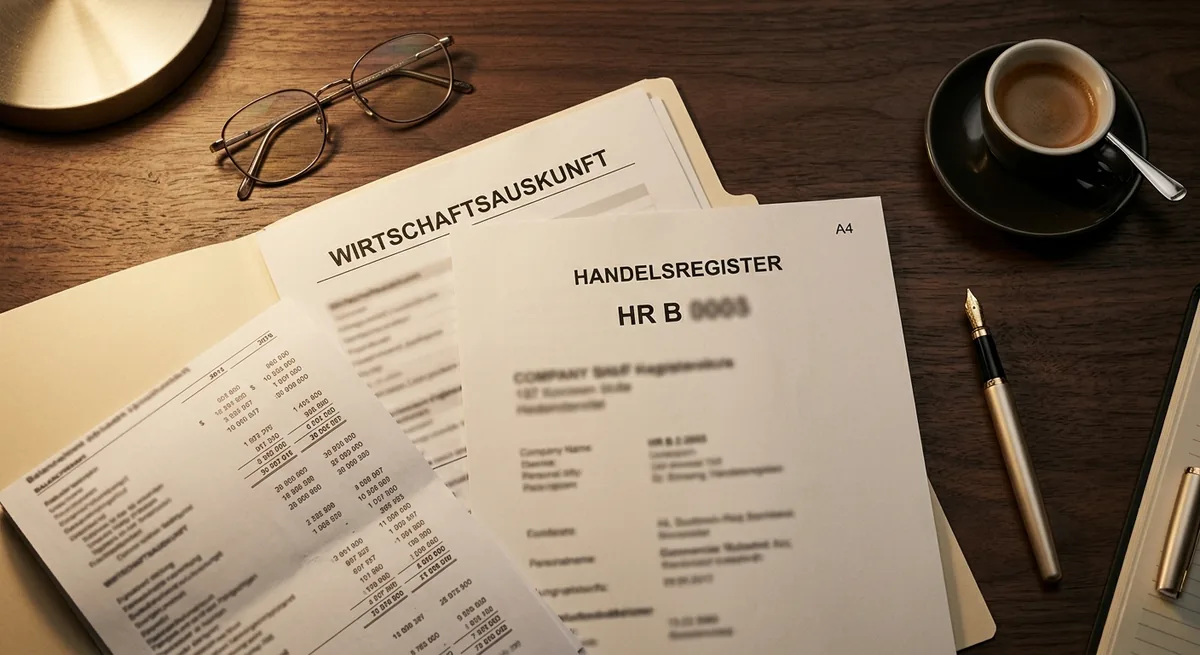 Editorial Flat-Lay auf dunklem Walnuss-Schreibtisch: Handelsregister-Auszug, Wirtschaftsauskunft und Bilanz-Plausibilitäts-Sheet — strukturierter Bonitäts-Check bei Premises Fidelis Gewerbevermietung.