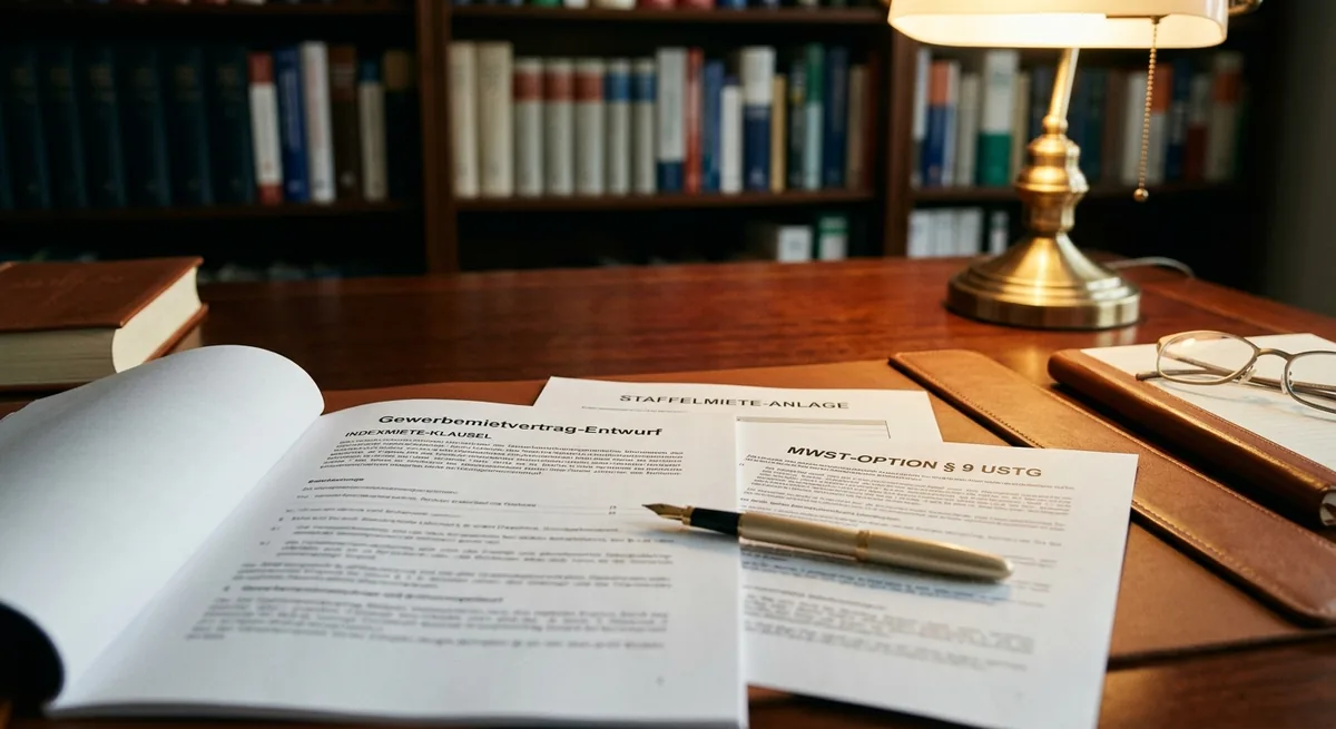 Mahagoni-Schreibtisch in Düsseldorfer Geschäftshaus mit aufgeschlagenem Gewerbemietvertrag — Indexmiete-Klausel, Staffelmiete-Anlage und MwSt-Option § 9 UStG, Vertrags-Architektur bei Premises Fidelis.