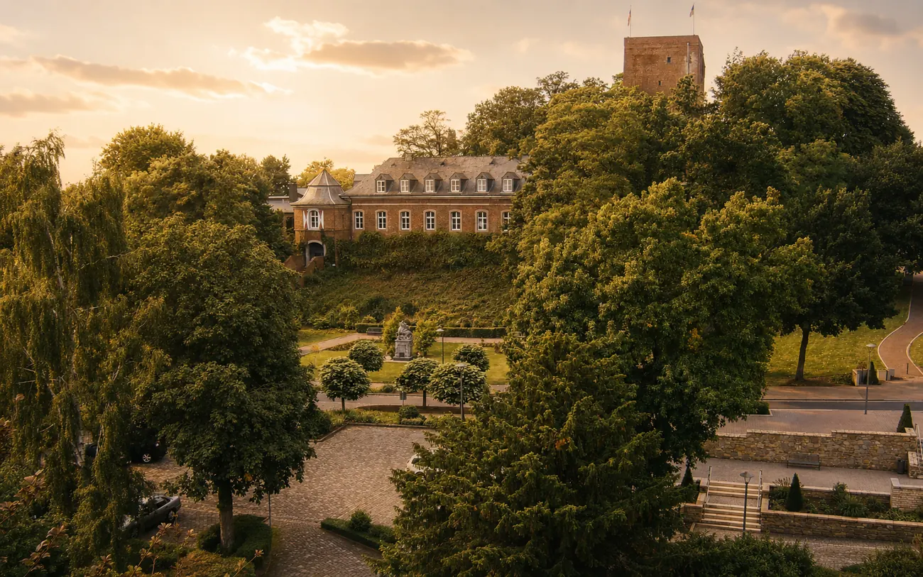 Burg Wassenberg über den Baumkronen in der Abendsonne
