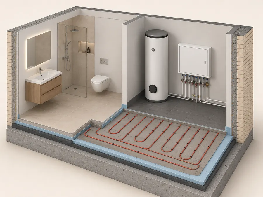 Wärmepumpe und Fußbodenheizung im Schnitt — Visualisierung